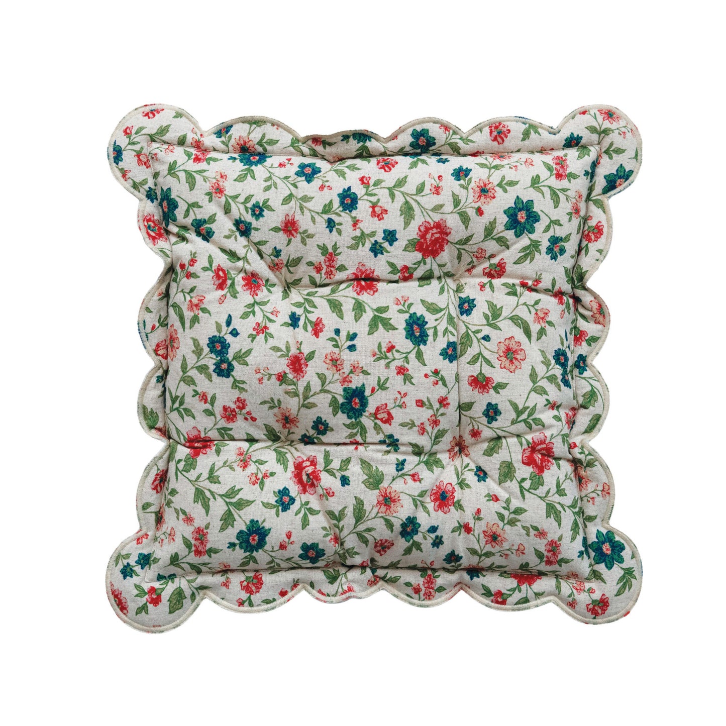 17" Square Cotton Printed Tufted Scalloped Chair Cushion