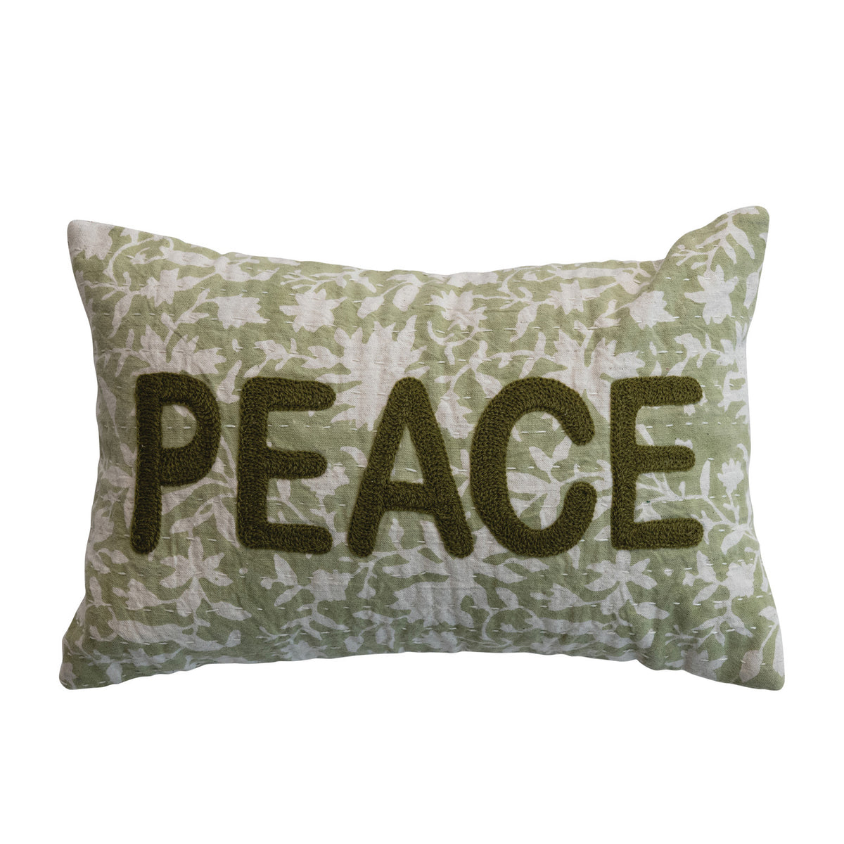 Lumbar Pillow with Flowers, Hand-Embroidered Kantha Stitch
