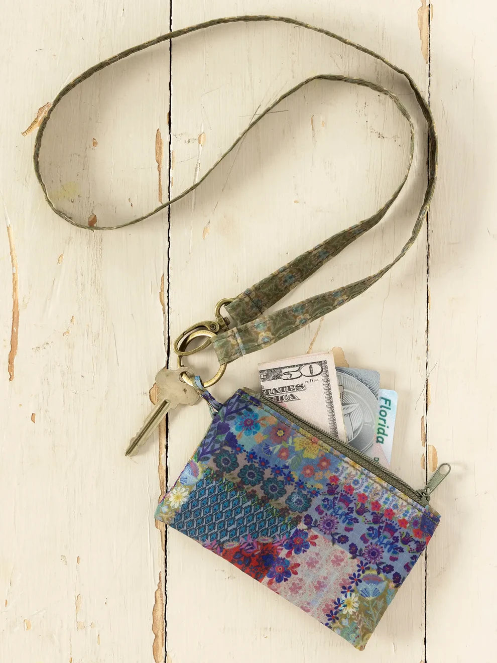 Zip Pouch Lanyard Blue Patchwork