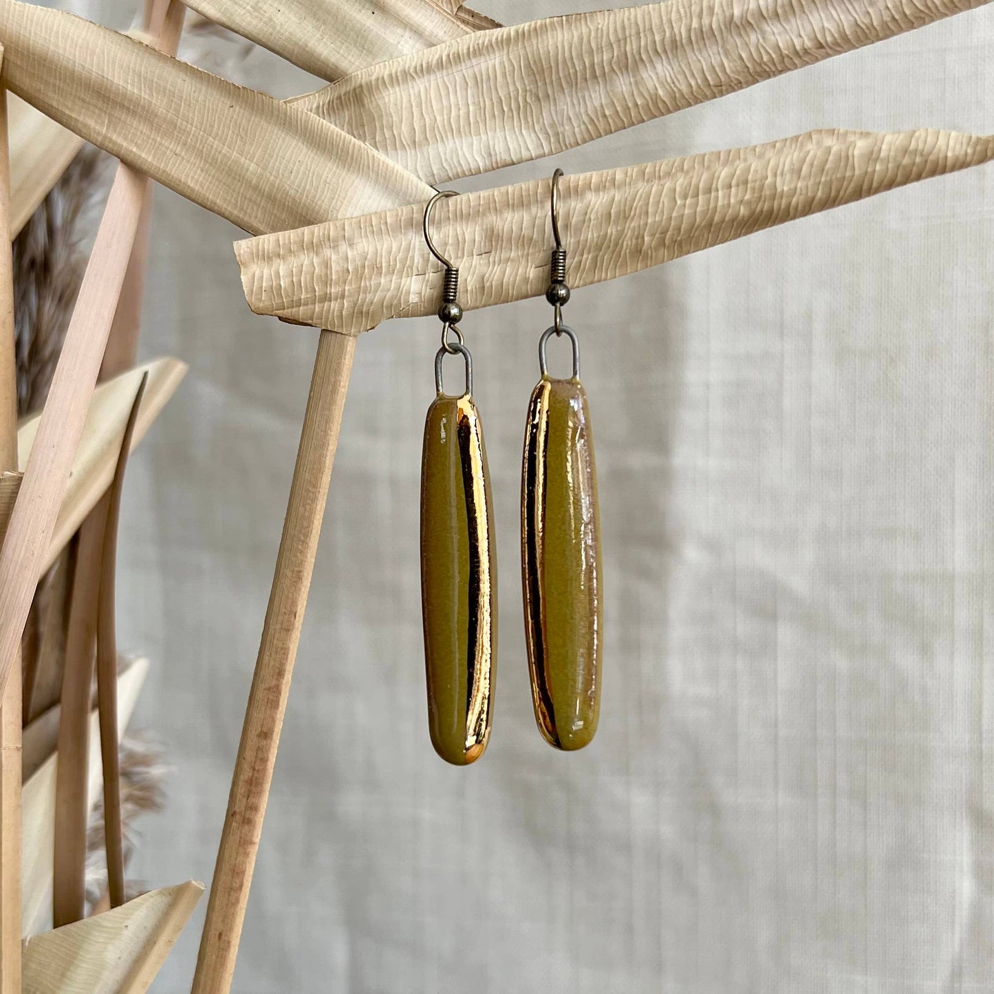 Olive Minimal Gold Edged Ceramic Earrings