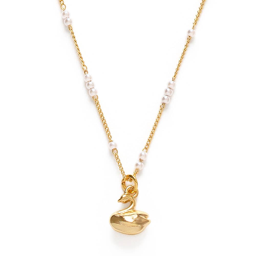 Tiny Swan Charm on Pearl Station Chain Necklace
