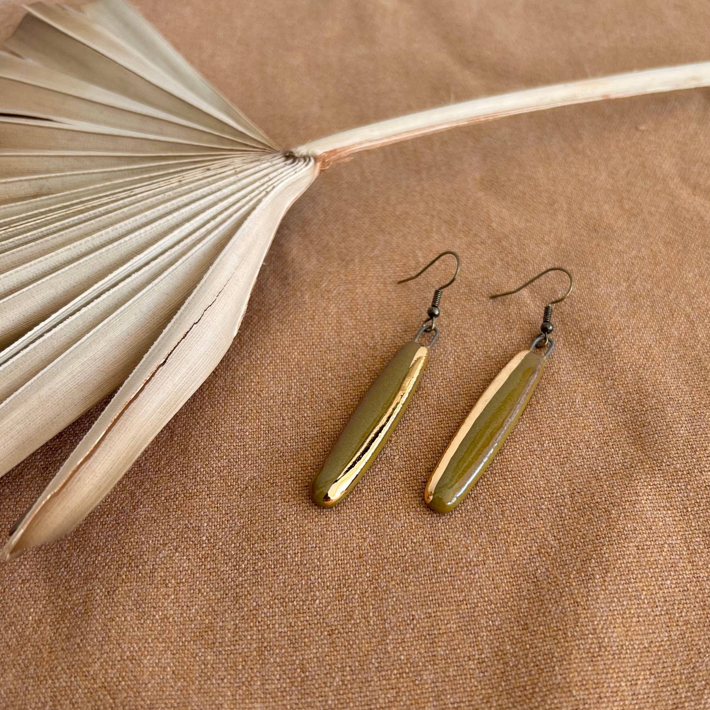 Olive Minimal Gold Edged Ceramic Earrings