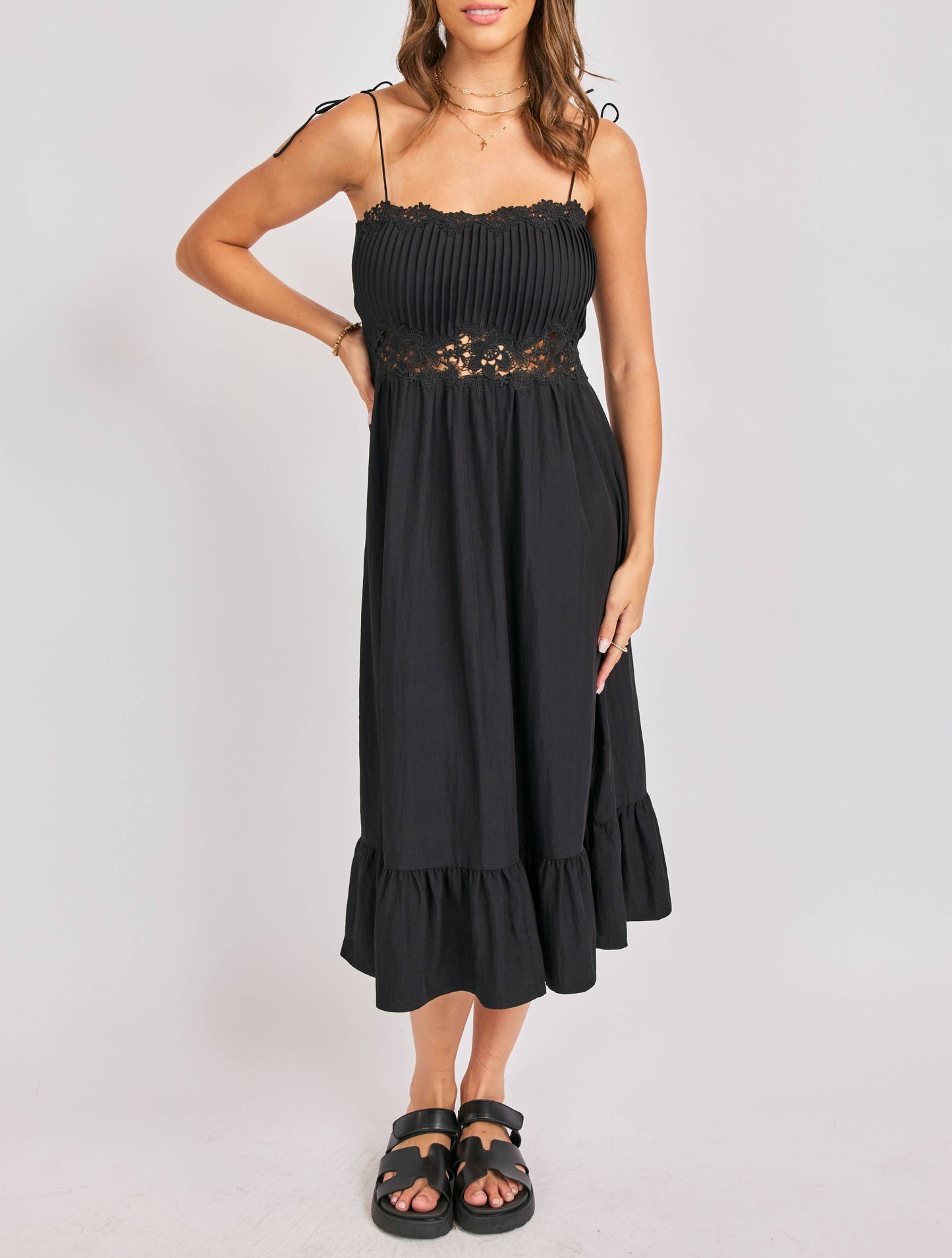 Night Bloom Pintuck Lace Midi Dress