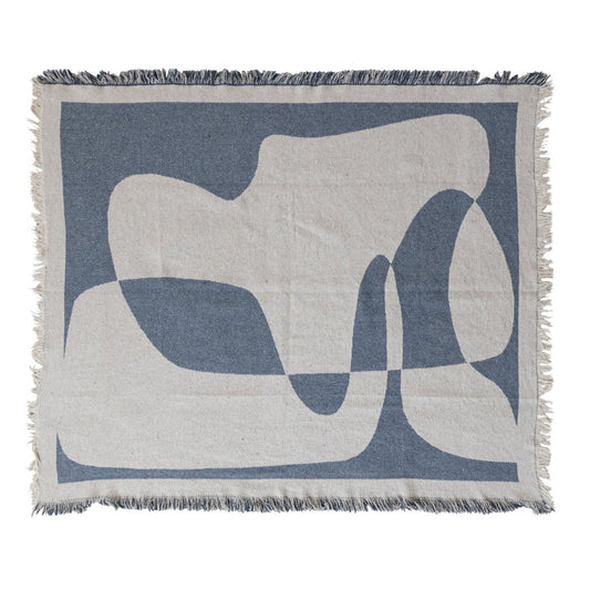 Woven Recycled Cotton Blend Jacquard Throw w/ Abstract Design & Eyelash Fringe