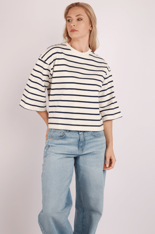 Boxy 3/4 Sleeve Striped Tee