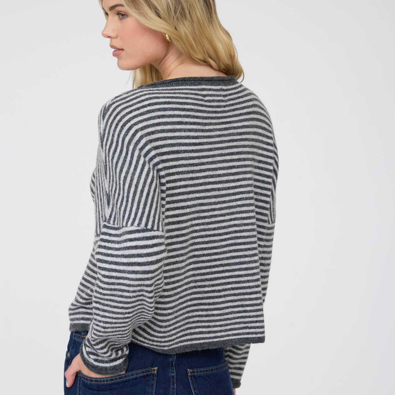 Stripe Raw Edge Drop Shoulder Knit Cardigan