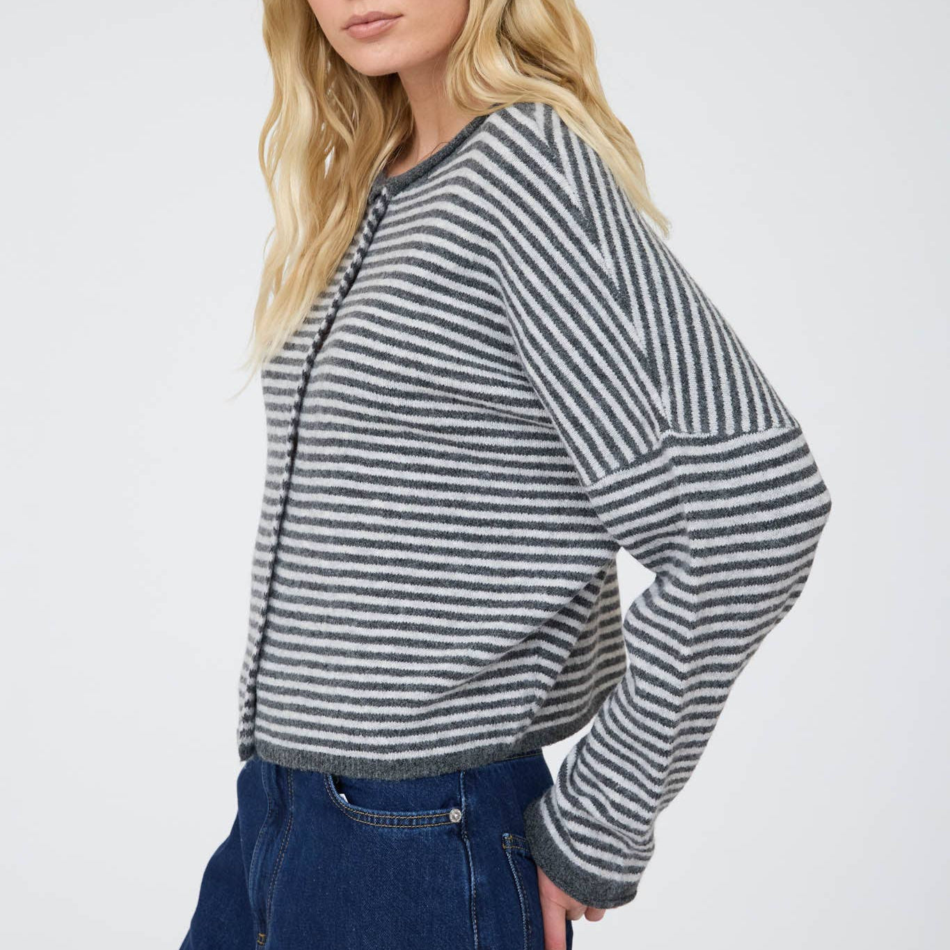 Stripe Raw Edge Drop Shoulder Knit Cardigan