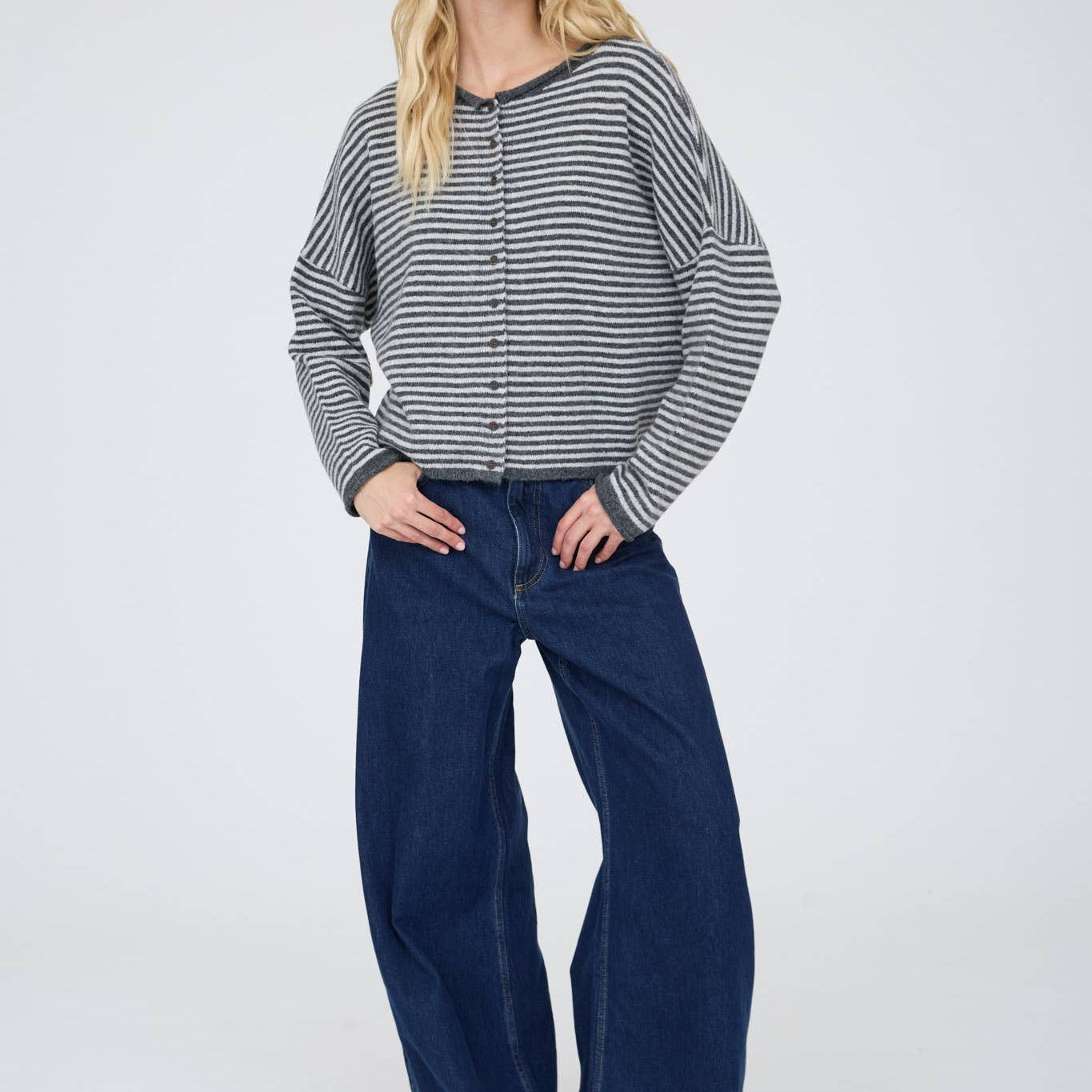 Stripe Raw Edge Drop Shoulder Knit Cardigan