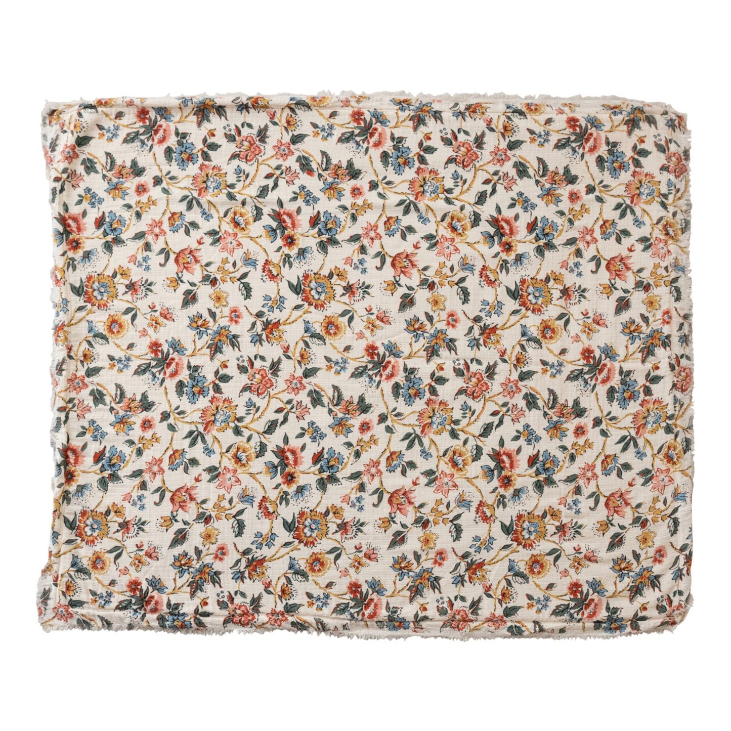 Woven Cotton Printed Throw w/ Sherpa Back, Flower Pattern & Fringe