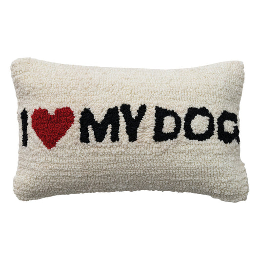 Cotton Blend Tufted Lumbar Pillow "I ♥ My Dog", Natural, Black & Red