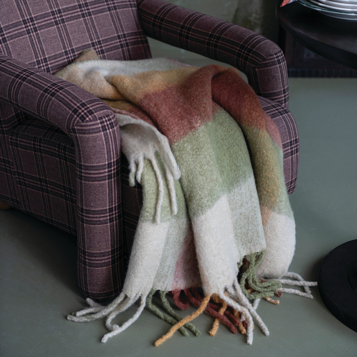 60"L x 50"W Woven Brushed Fabric Throw with Plaid Pattern & Fringe