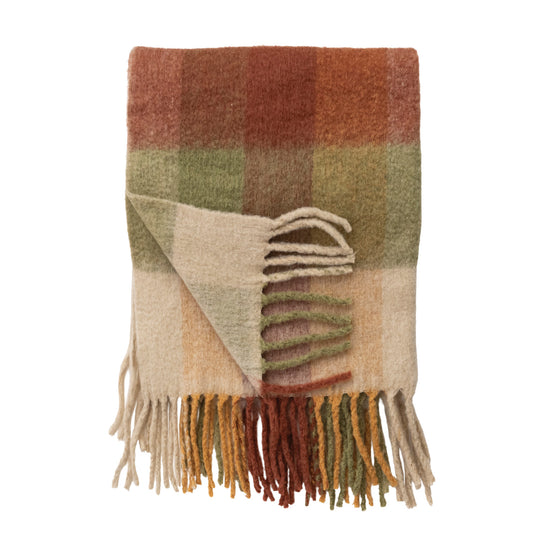 60"L x 50"W Woven Brushed Fabric Throw with Plaid Pattern & Fringe