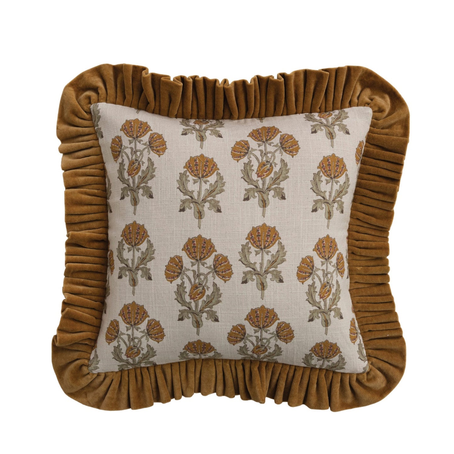 Square Cotton Slub Printed Pillow with Velvet Ruffle