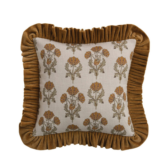 Square Cotton Slub Printed Pillow with Velvet Ruffle