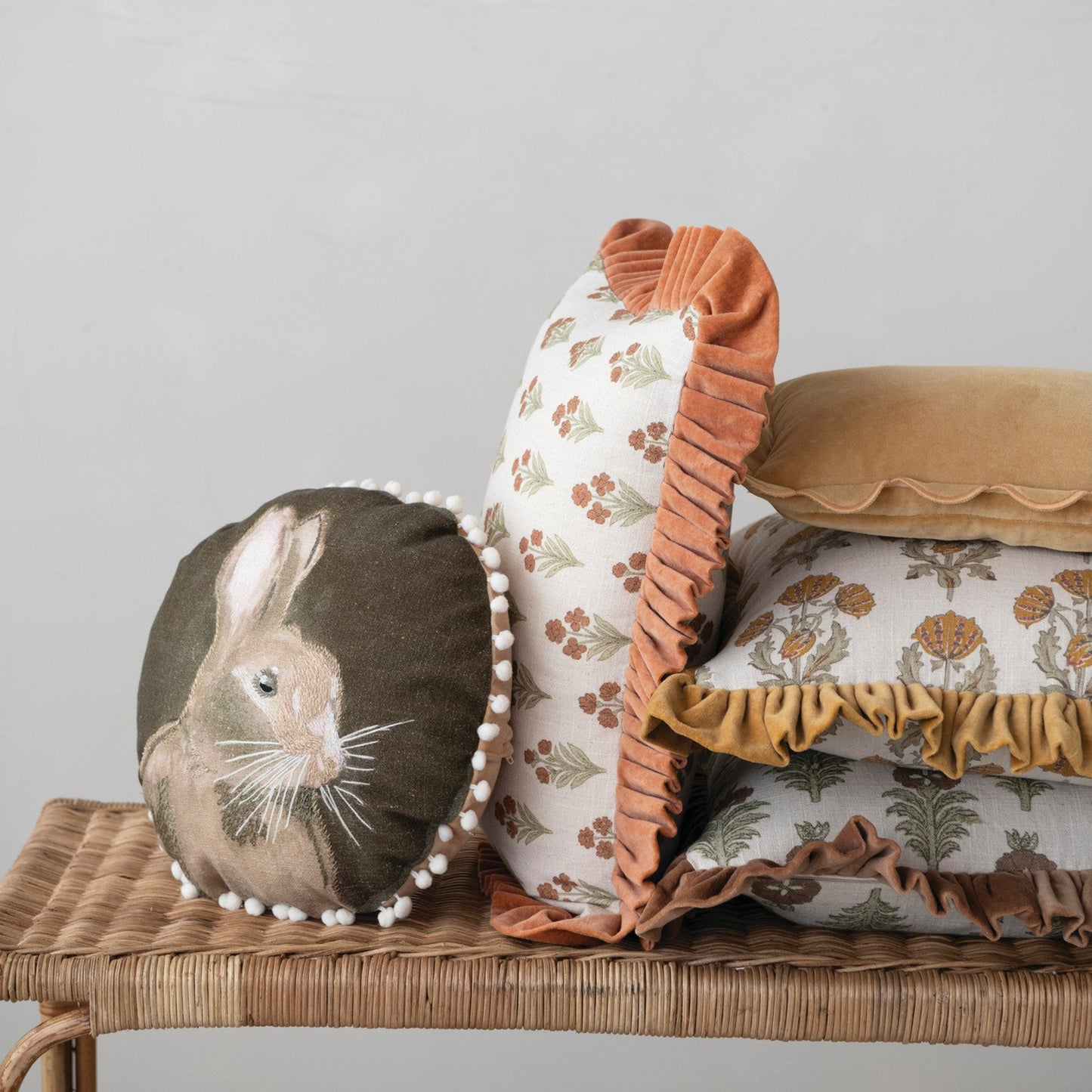 Square Cotton Slub Printed Pillow with Velvet Ruffle