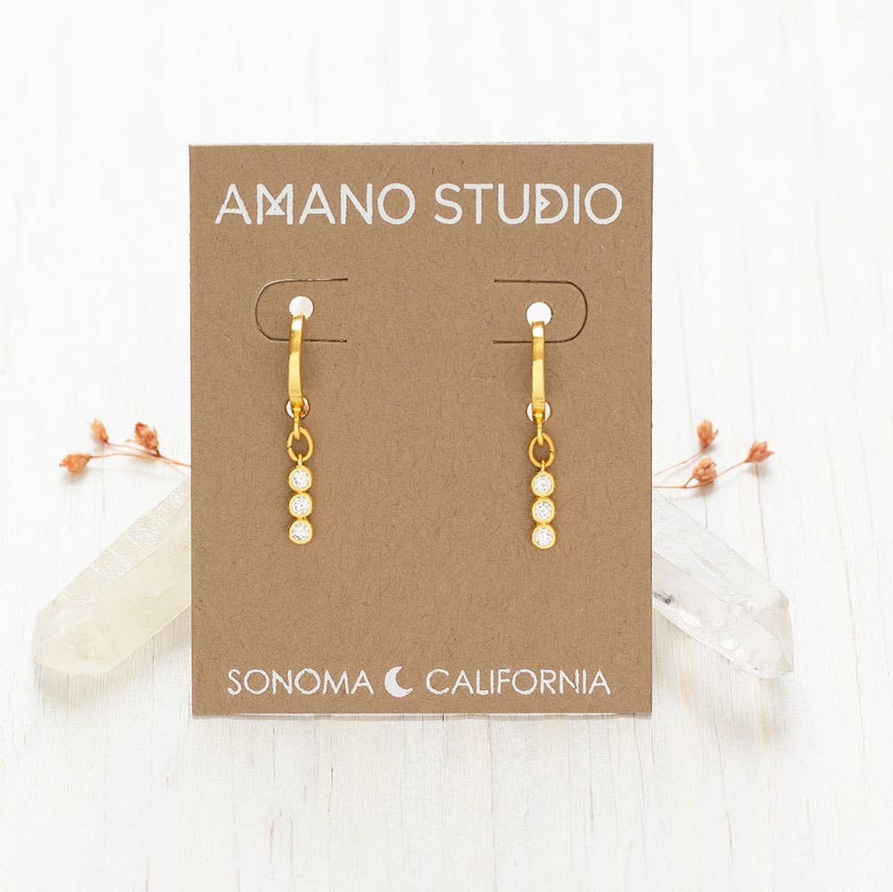 Three Crystal Bar Huggie Hoop Earrings