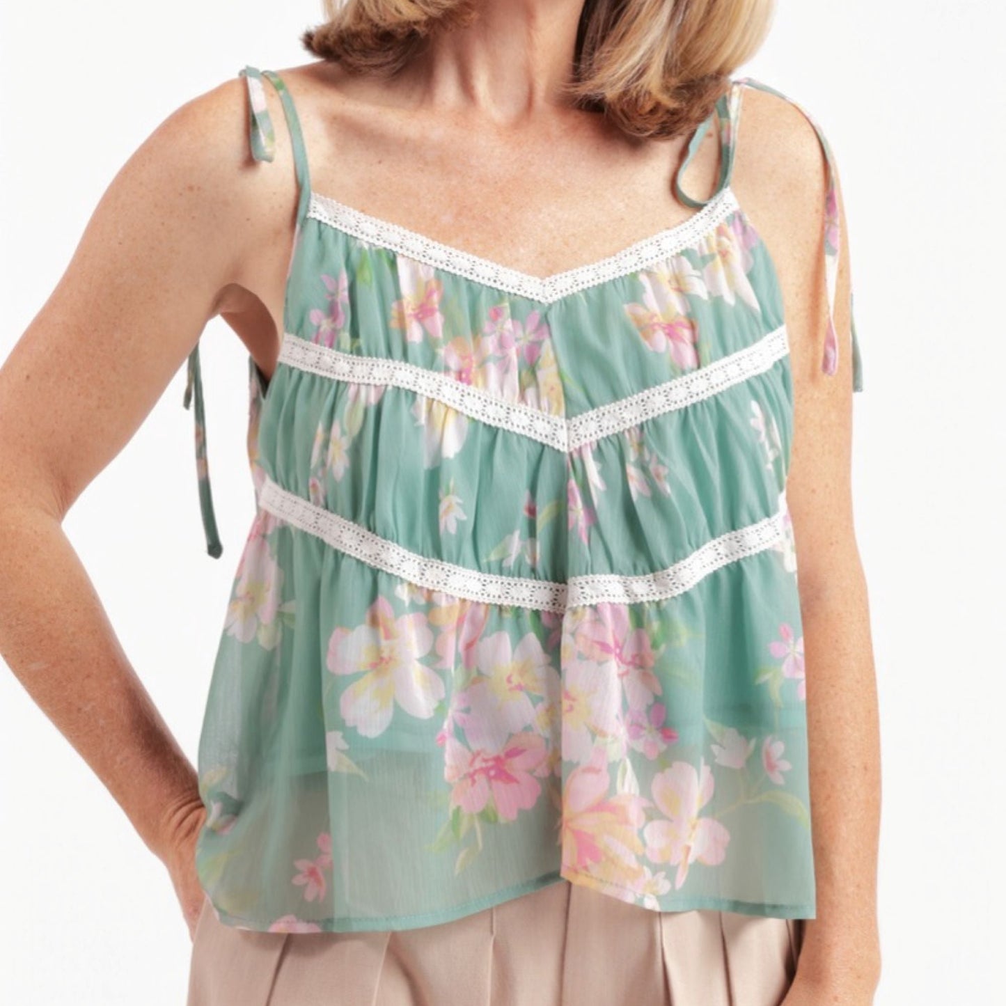 Desert Rose Lace Trim Sleveless Top