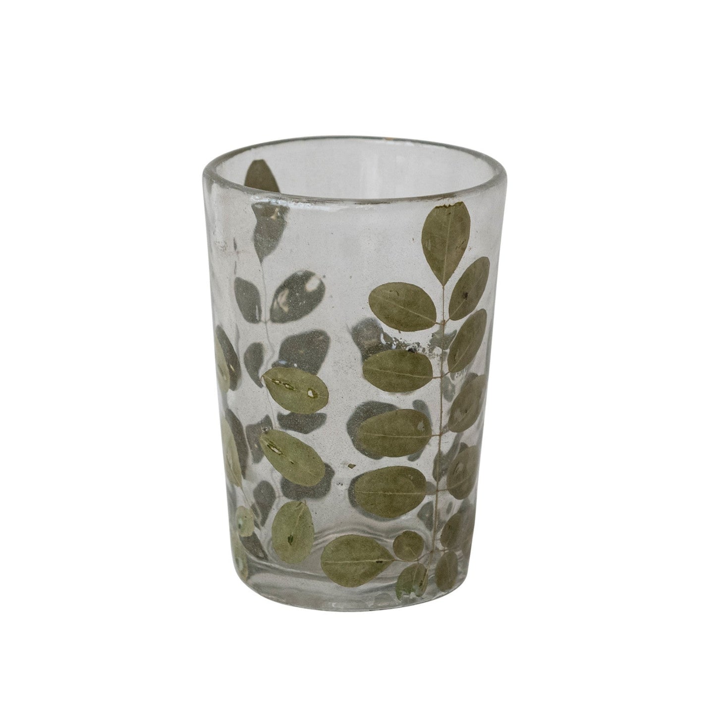 Handmade Glass Tealight/Votive Holder with Embedded Natural Moringa Leaves