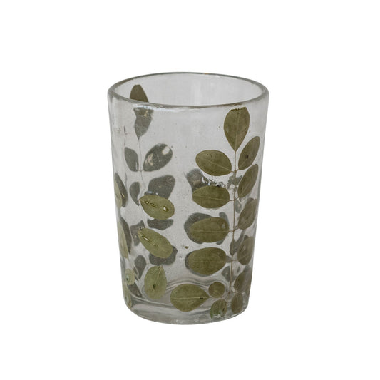Handmade Glass Tealight/Votive Holder with Embedded Natural Moringa Leaves