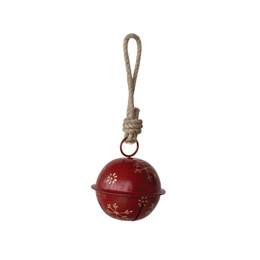 Hand-Painted Metal Jingle Bell Ornament with Snowflakes & Jute Hanger, Red & Gold Finish