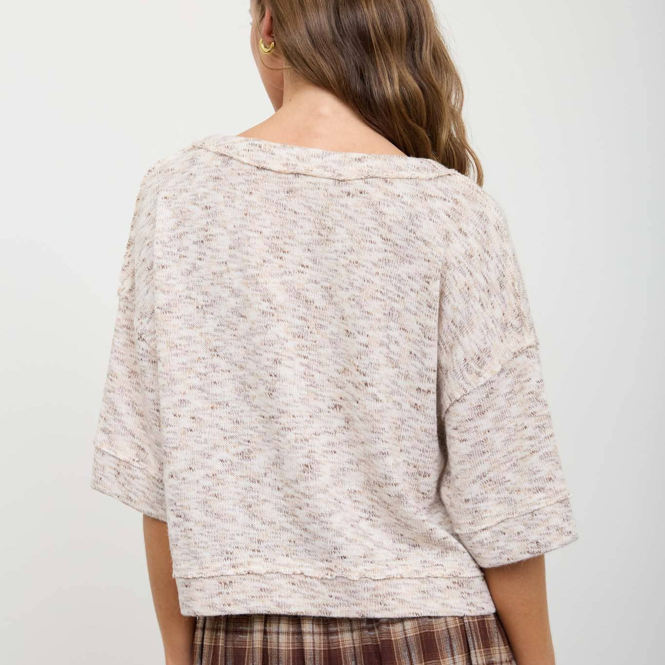 Marled Button Down Short Sleeve Raw Edge Knit Top