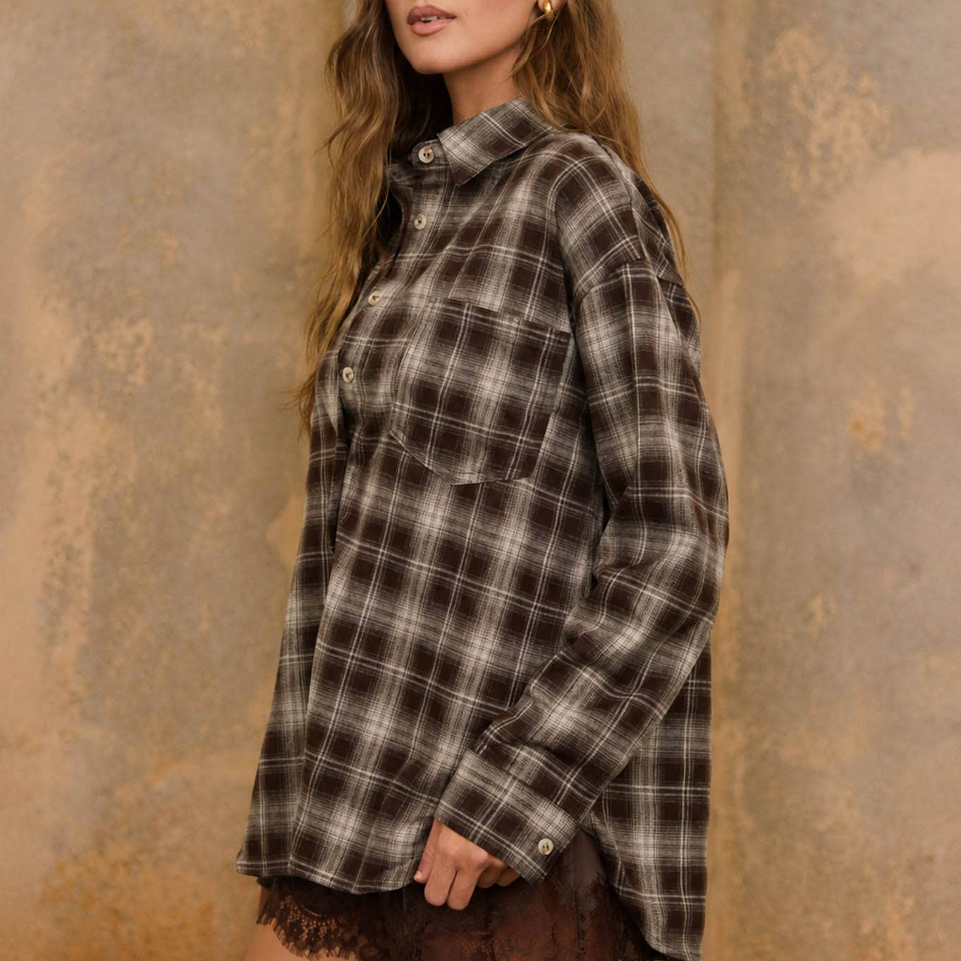 Plaid Collard Long Sleeve Button Down Top