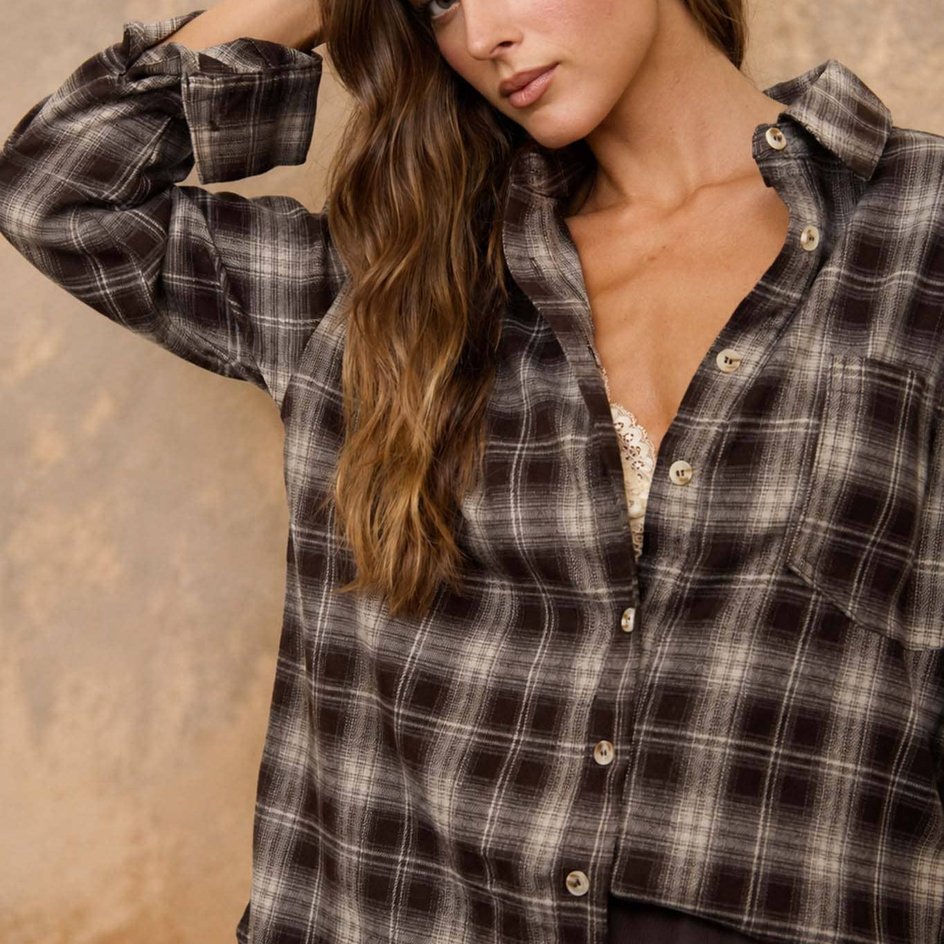 Plaid Collard Long Sleeve Button Down Top