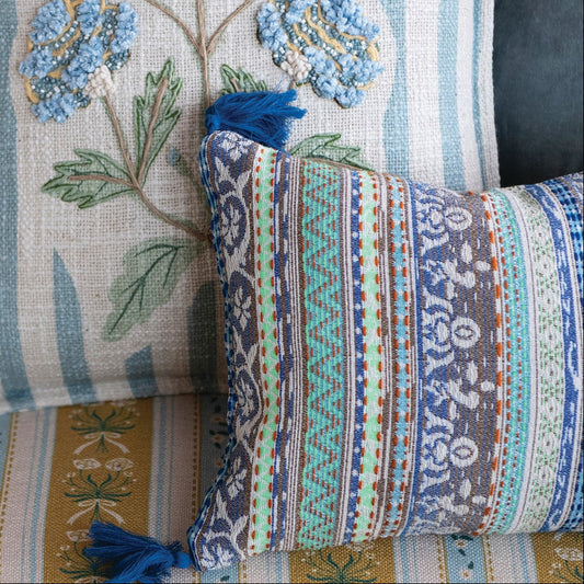 Recycled Fabric Lumbar Pillow with Chambray Back (Each Will Vary)