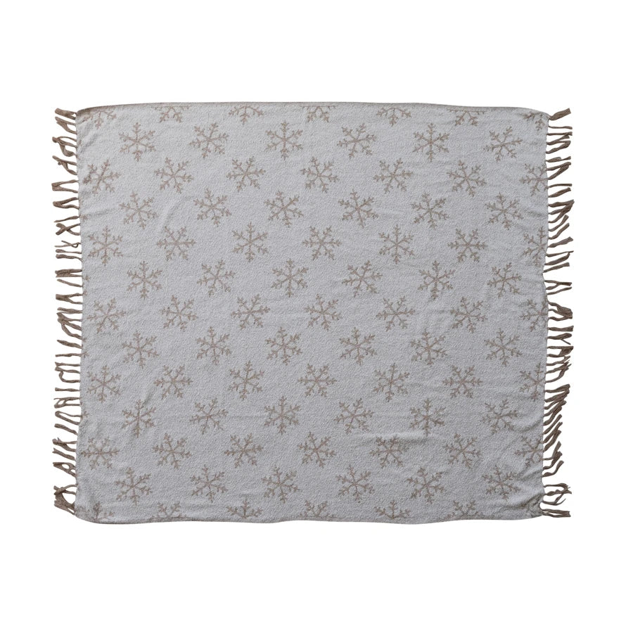 Woven Recycled Fabric Jacquard Throw with Snowflake Pattern & Fringe