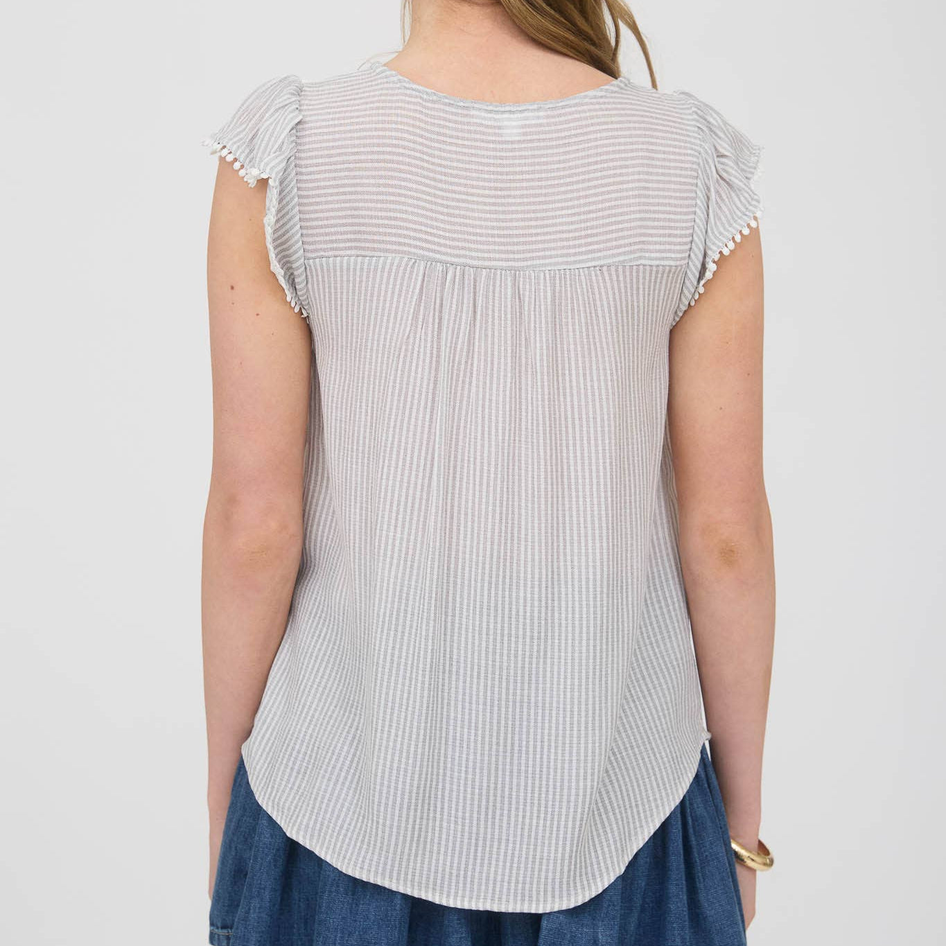 Stripe Lace Yoke Front Tie Short Sleeve Top