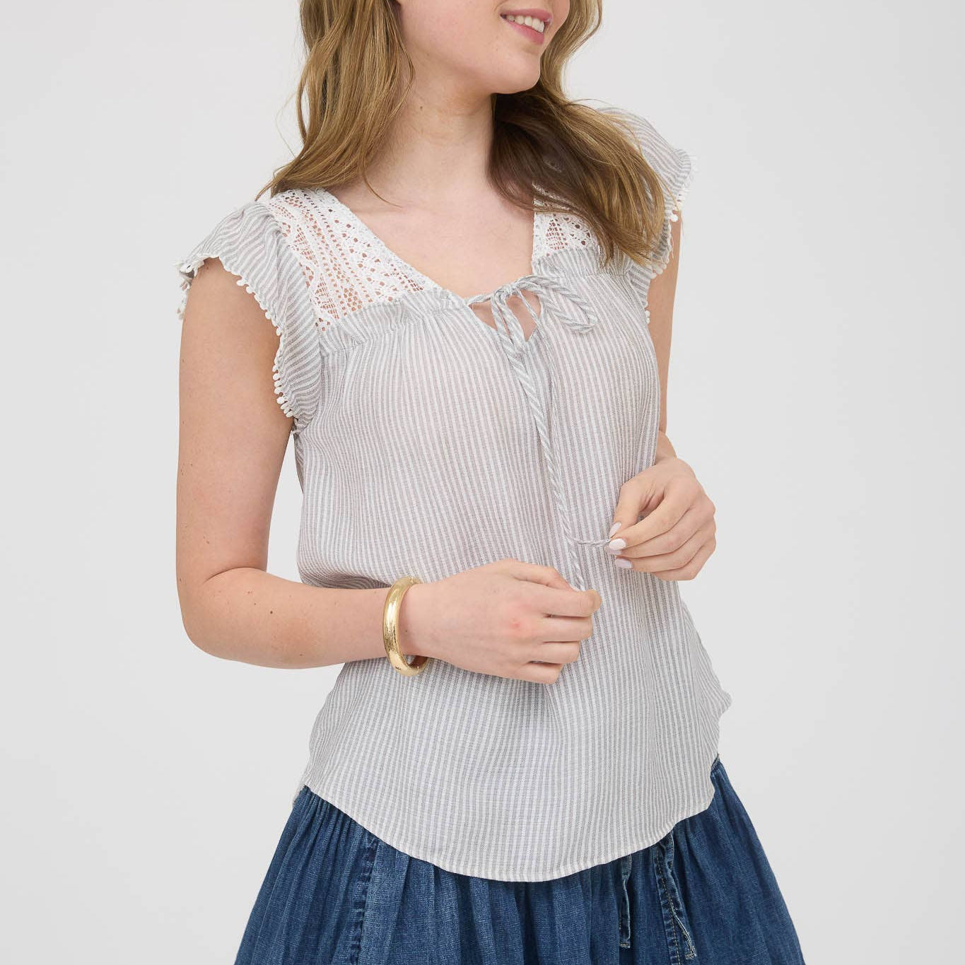 Stripe Lace Yoke Front Tie Short Sleeve Top