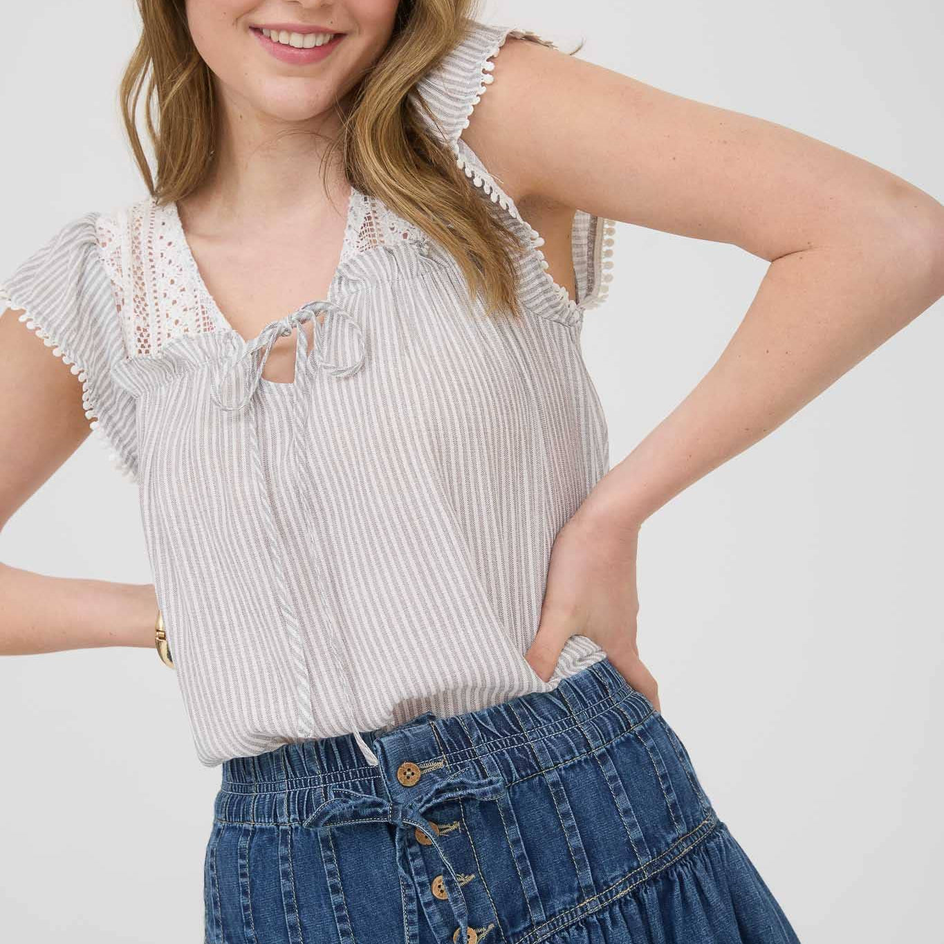 Stripe Lace Yoke Front Tie Short Sleeve Top