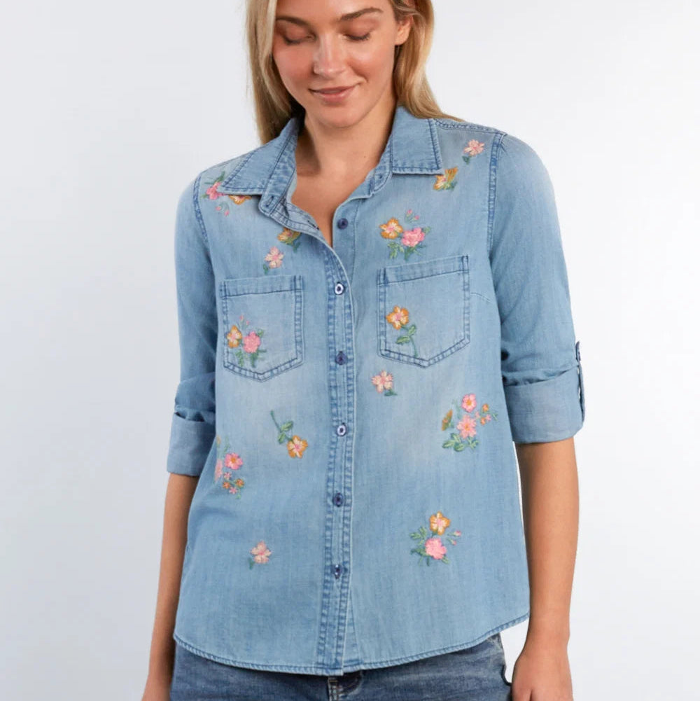 Sunset Floral Top-Washed Blue