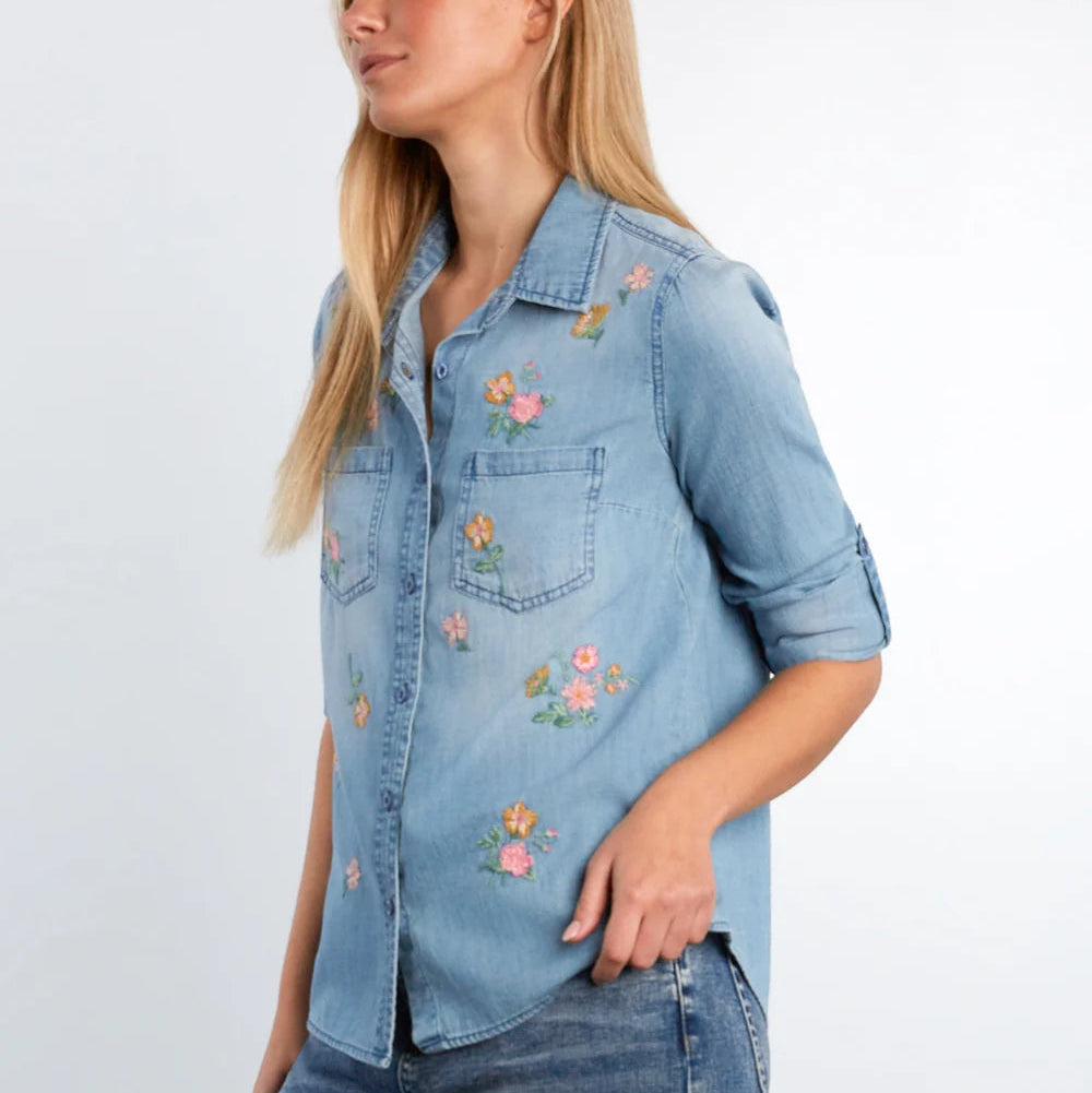 Sunset Floral Top-Washed Blue