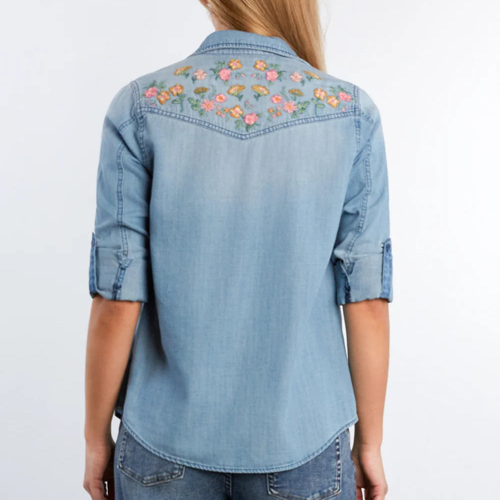 Sunset Floral Top-Washed Blue