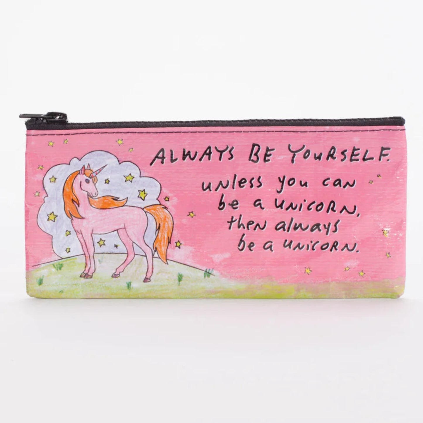 Pink pouch with unicorn illustration and text on a white background