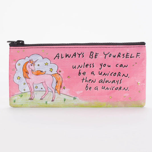 Pink pouch with unicorn illustration and text on a white background