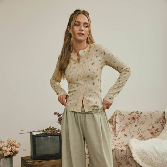 Floral Snap Front Long Sleeve Waffle Knit Top