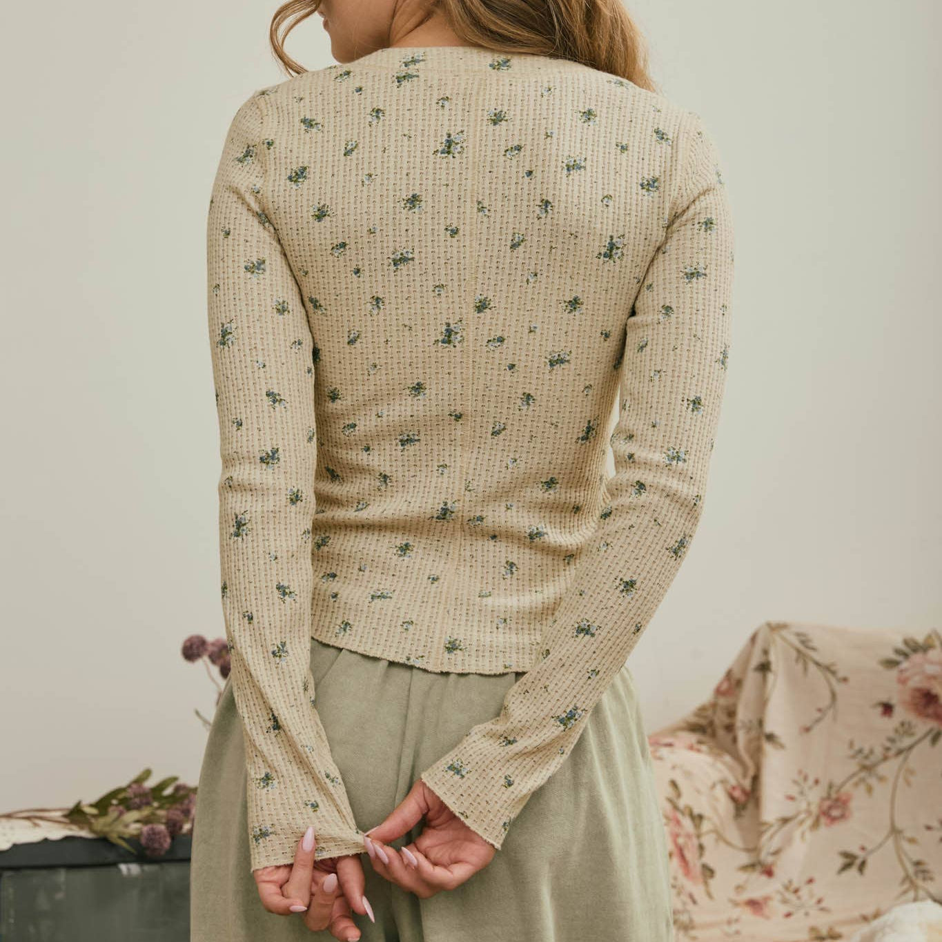 Floral Snap Front Long Sleeve Waffle Knit Top
