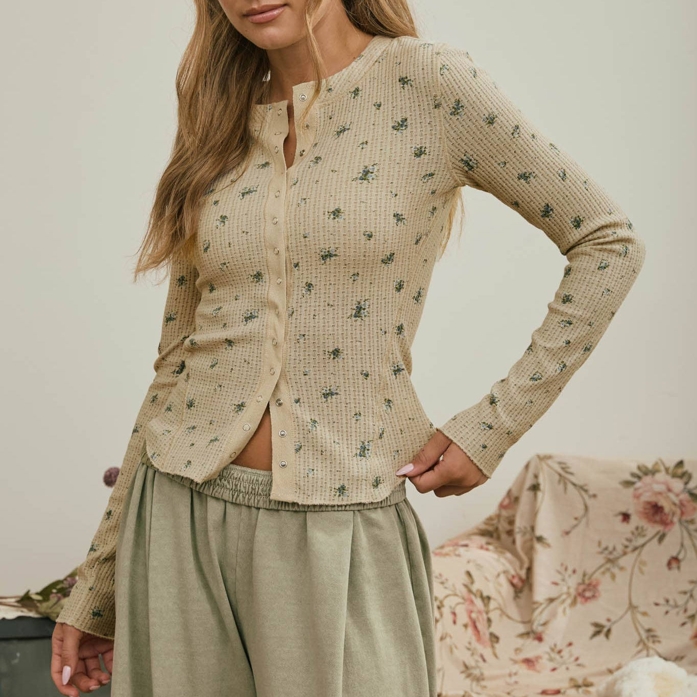 Floral Snap Front Long Sleeve Waffle Knit Top