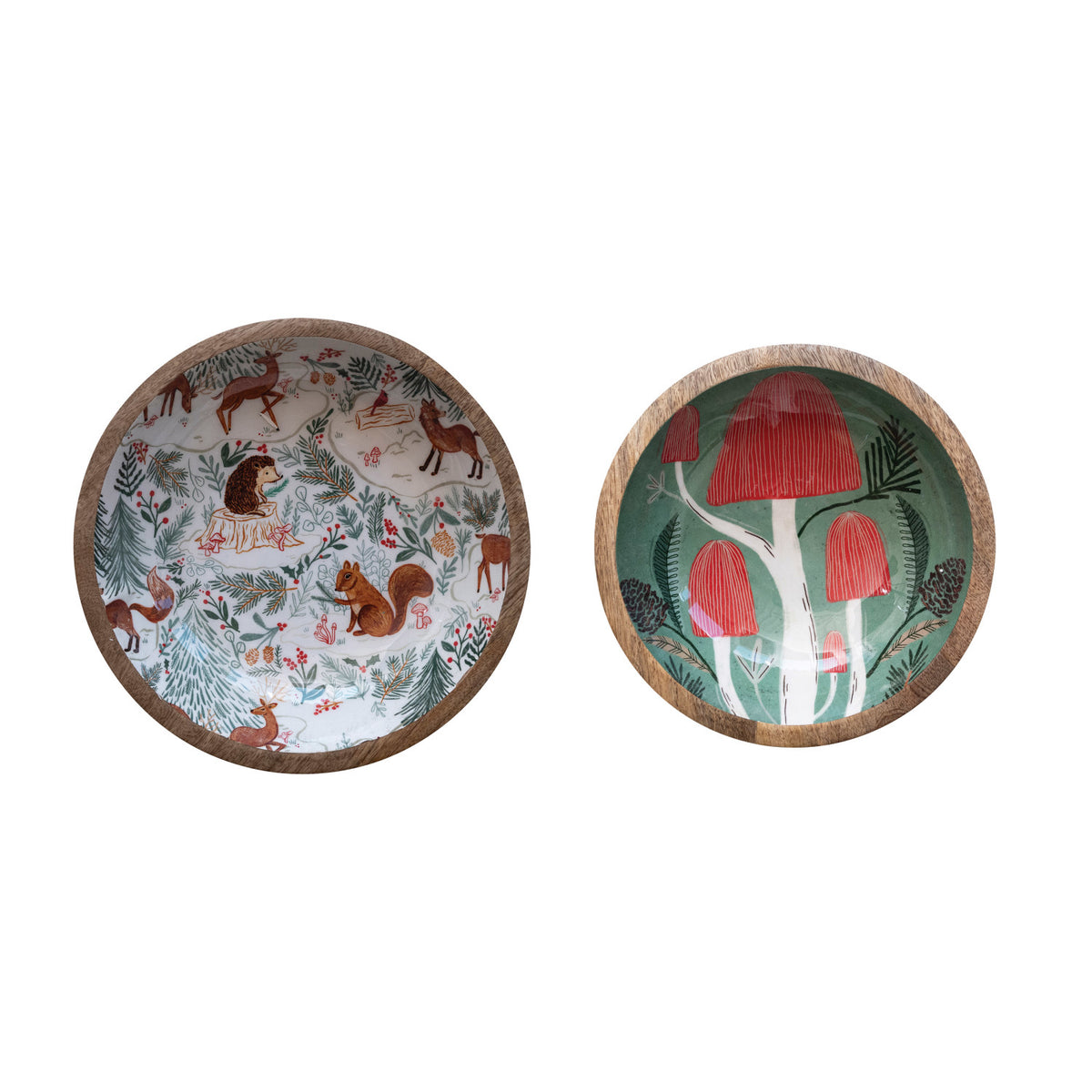 Enameled Mango Wood Bowls w/ Woodland Flora/Fauna Pattern, Set of 2 ©