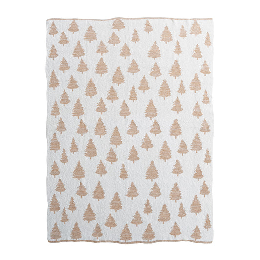 Cotton Knit Throw with Trees & Metallic Gold Thread, Cream Color