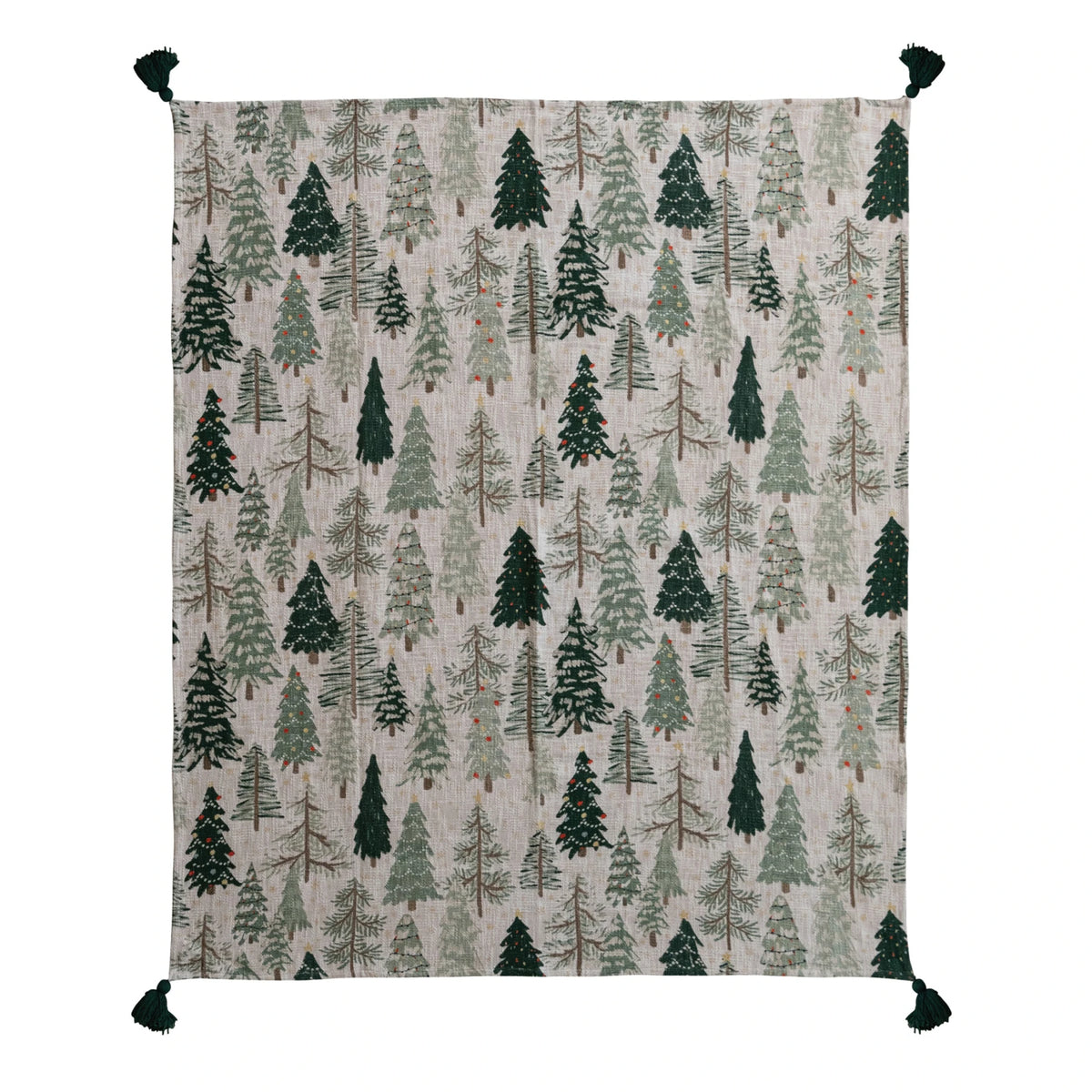 Cotton Printed Throw with Tree Pattern & Tassels