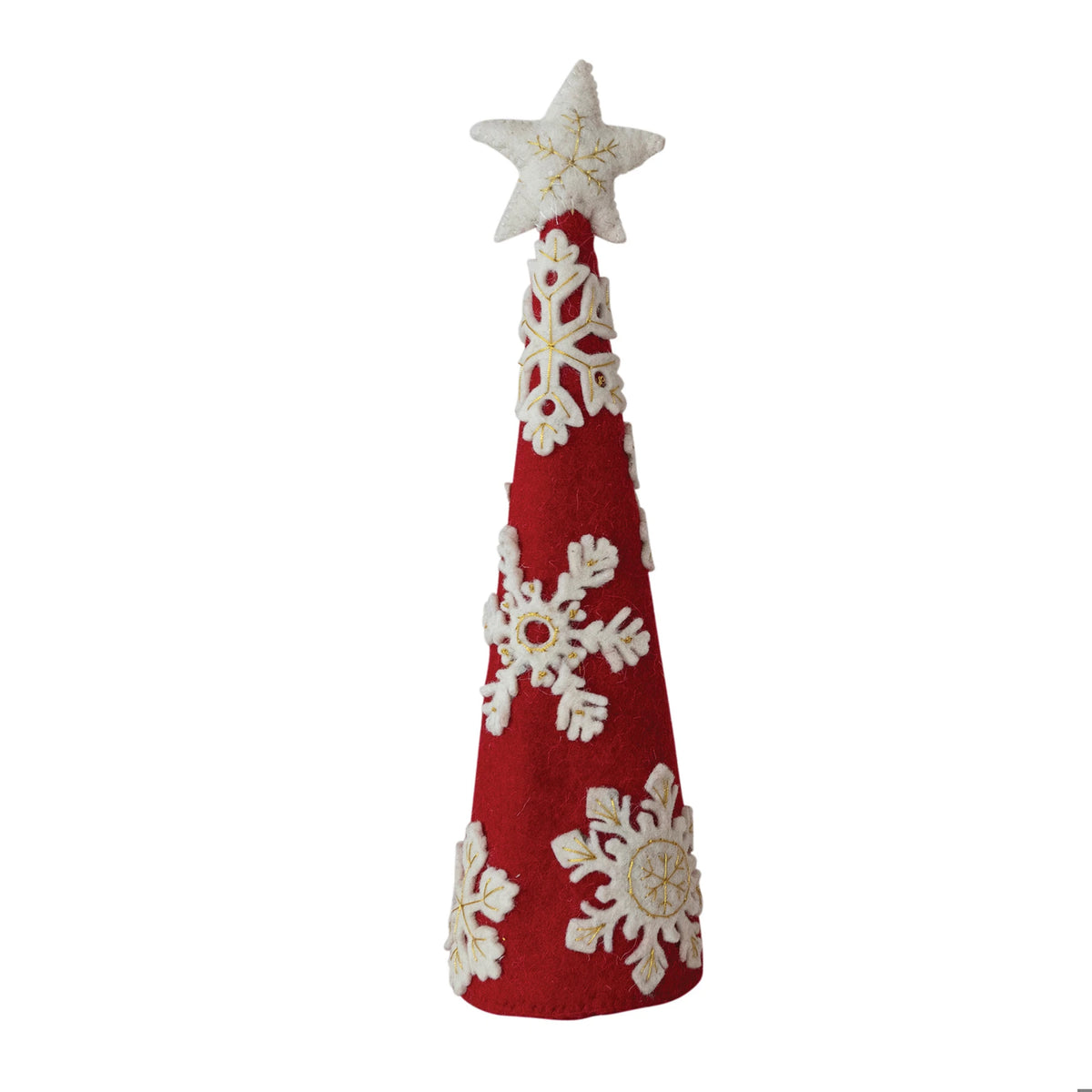 Handmade Wool Felt Tree with Star, Appliqued Snowflakes & Metallic Gold Thread Embroidery