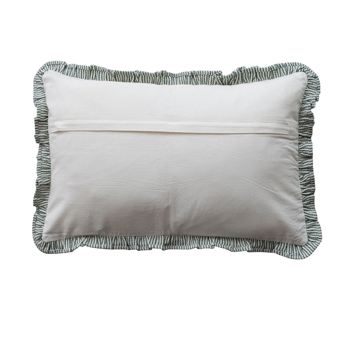 Woven Cotton Striped Lumbar Pillow with Ruffle & Green