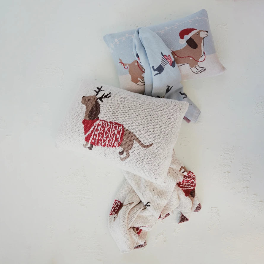 Cotton Knit Lumbar Pillow with Daschund in Hat & Lights