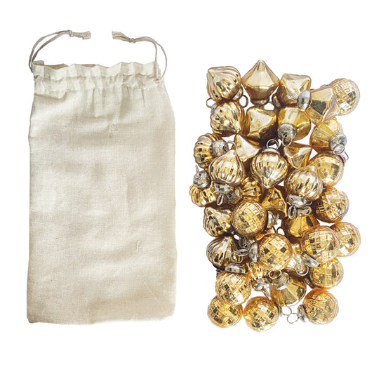 Embossed Mercury Glass Ornaments in Muslin Bag, Gold Finish, Set of 36