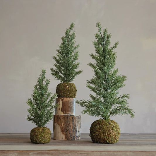 Faux Fir Tree with Moss Ball Base, Frost Finish