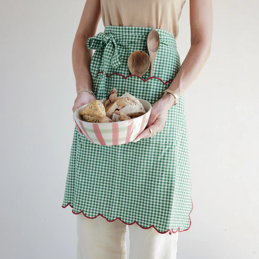 Woven Cotton Scalloped Half Apron, Contrasting Stitched Edge & Pocket